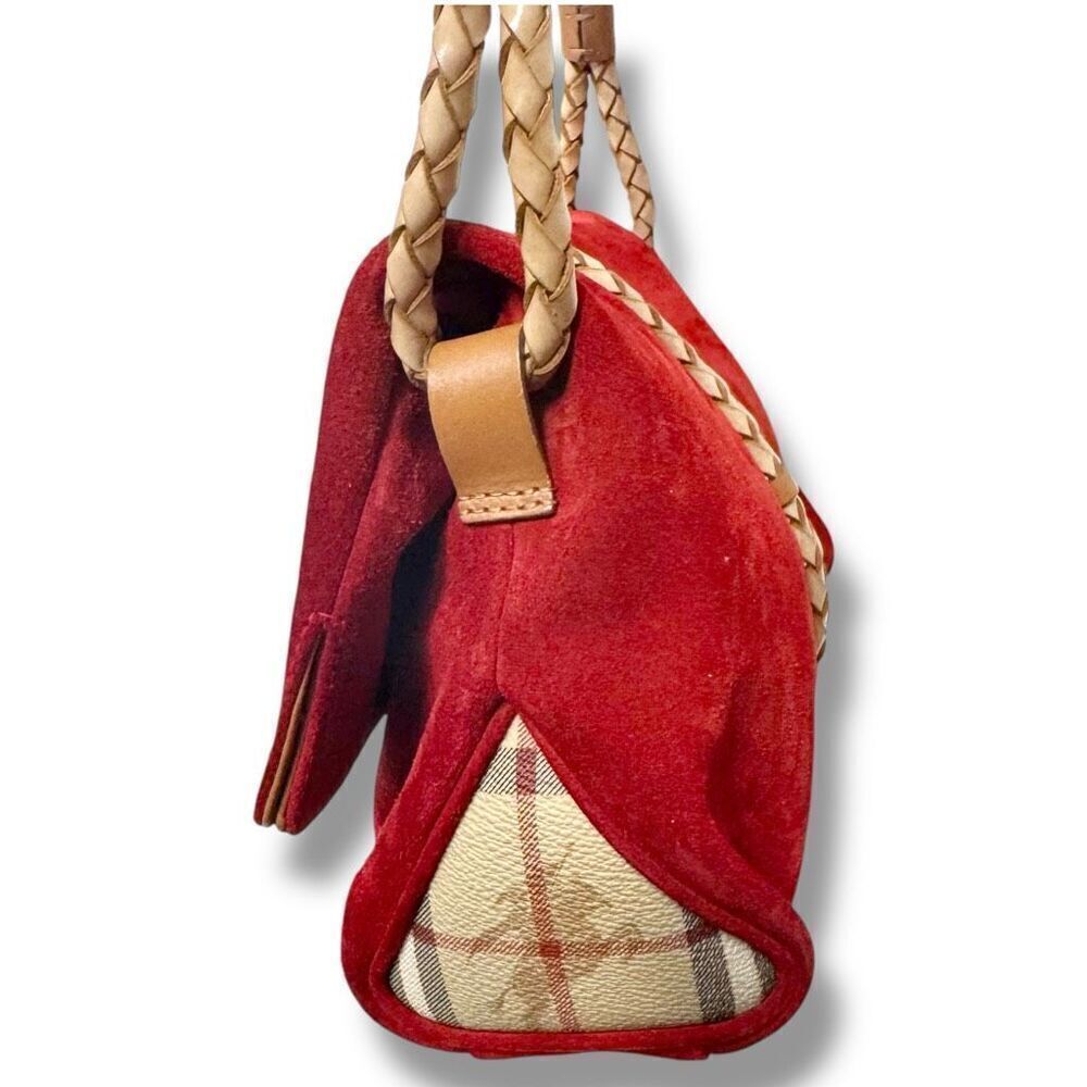 BURBERRY Suede Haymarket Check Horn Toggle Braided Leather Shoulder Bag Red - Picture 7 of 14